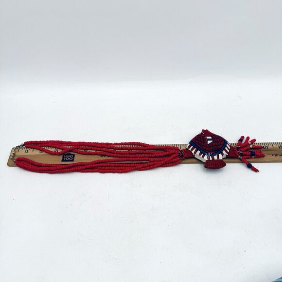 Vintage Large Carved Wood Fish Pendant Necklace 4 Strand Beaded Red White & Blue - Picture 3 of 6